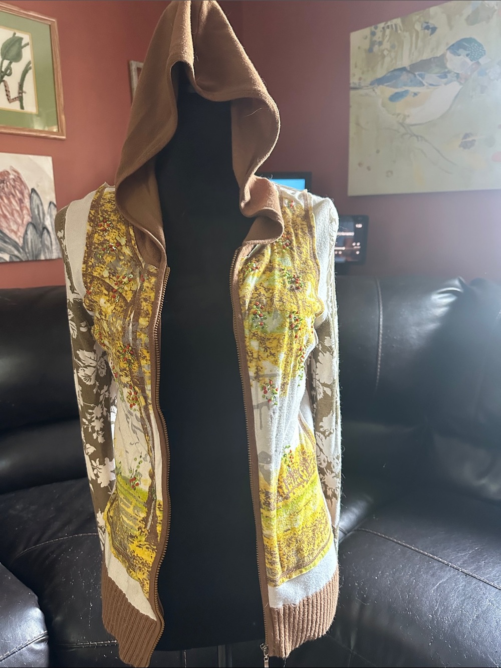 Vertigo Paris Brown Hooded Knit Vest with Yellow Floral Panels